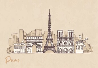 Vintage postcard with the landmarks of Paris on Kraft paper