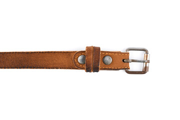 Old leather men's belt on a white background. Brown belt for men. Brown leather belt for trousers and jeans. Male accessory. Vintage things. 