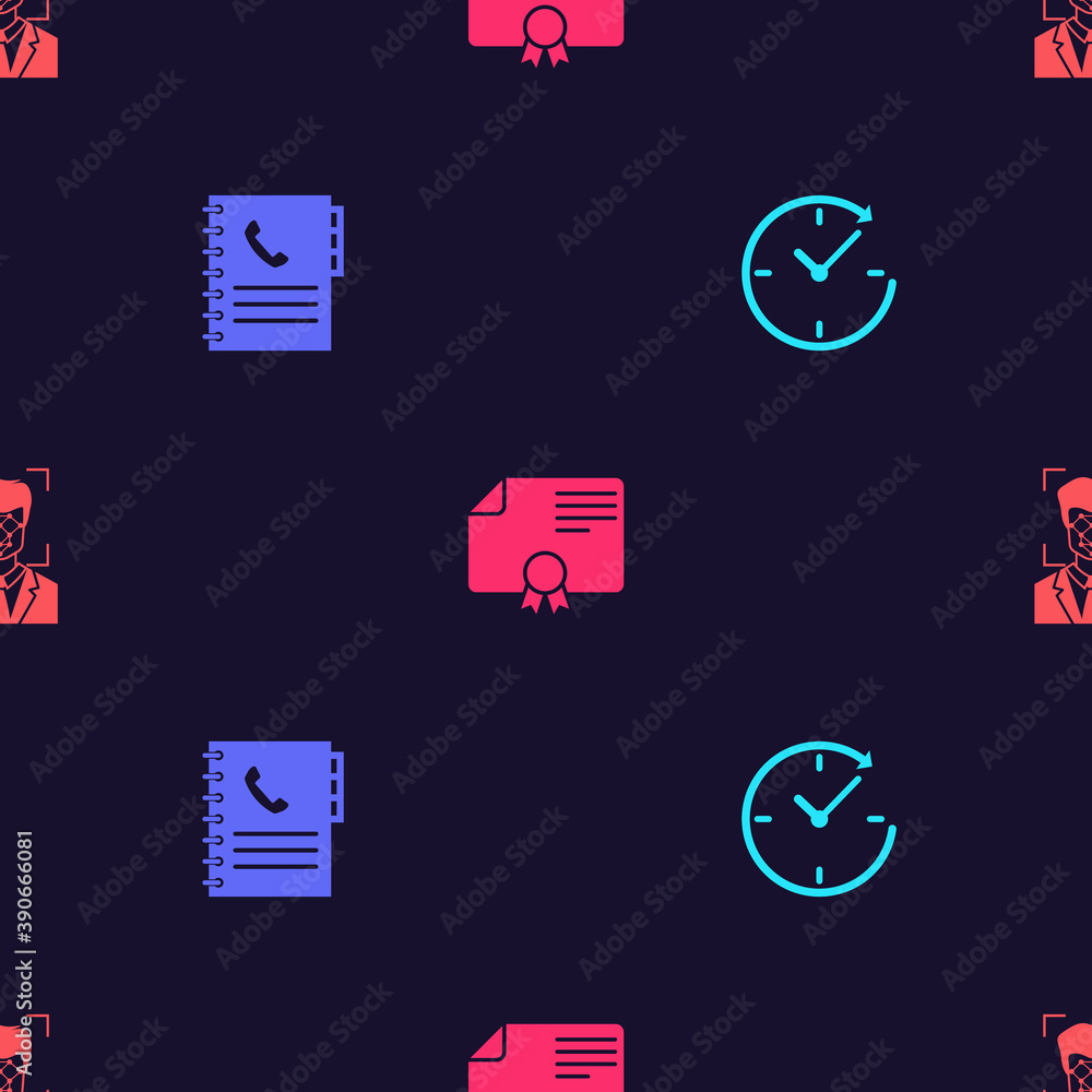 Poster Set Clock with arrow, Phone book, Certificate template and Face recognition on seamless pattern. Vector.