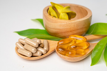 Alternative medicine herbal organic capsule with vitamin E omega 3 fish oil, mineral, drug with...