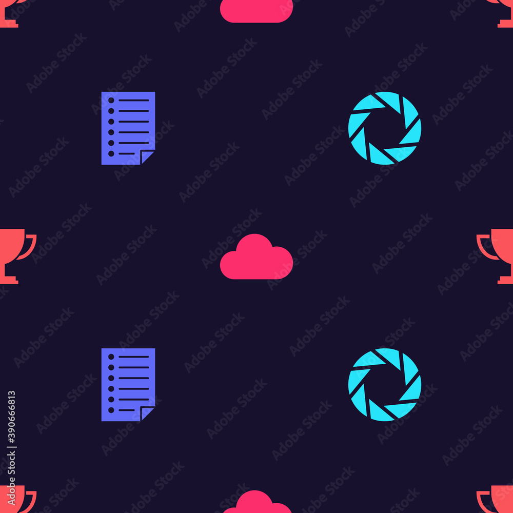 Poster Set Camera shutter, Document, Cloud and Trophy cup on seamless pattern. Vector.