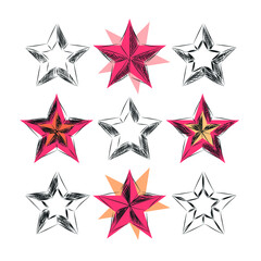 Obraz premium Hand-drawn in vector several types of stars in red and black and white