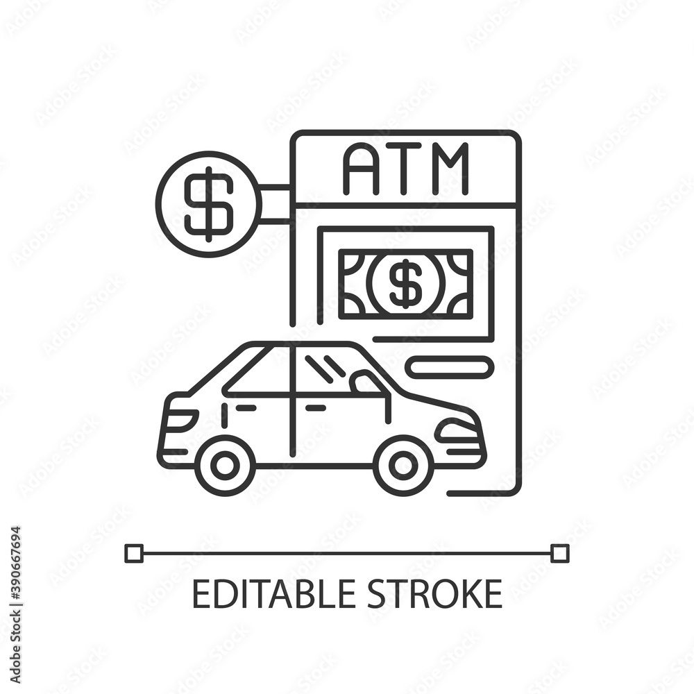 Poster drive through atm linear icon. bank services. transport lane to terminal. automated machine. thin li