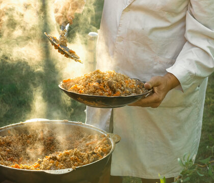 hot fragrant delicious pilaf cooked in nature