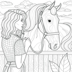 Girl with a horse.Coloring book anti stress for children and adults. Illustration isolated on white background. Zen-tangle style.