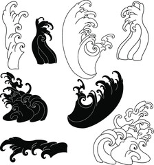 Ocean wave tattoo. a set of Japanese wave Tattoo.water splash and Japanese ocean for tattoo.Line Thai wave tattoo.Japanese wave vector set and thai style.