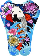 Ocean wave tattoo. a set of Japanese wave Tattoo.Koi carp with peony flower.