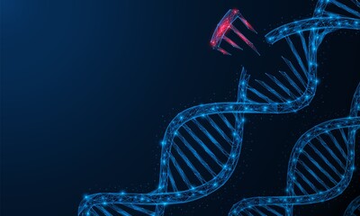 Gene mutation, damage to a part of a cell's DNA. Polygonal construction of lines and points. Blue background.
