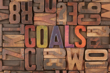 goals word in vintage letterpress wooden blocks