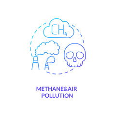 Methane and air pollution blue gradient concept icon. Chemical emission from factory. Toxic smoke. Heavy industrial production idea thin line illustration. Vector isolated outline RGB color drawing