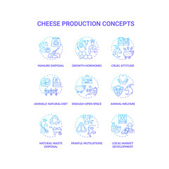 Dairy industry blue gradient concept icons set. Livestock animal. Farm products. Cow milk. Cheese production idea thin line RGB color illustrations. Vector isolated outline drawings