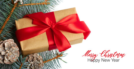 Gift. Christmas tree is not a white background. Christmas background with xmas tree. Merry christmas card. Winter holiday theme. Happy New Year. Space for text. Happy Holidays 