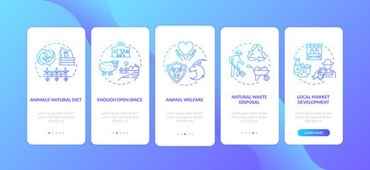 Ethical dairy industry blue gradient onboarding mobile app page screen with concepts. Farm manufacture walkthrough 5 steps graphic instructions. UI vector template with RGB color illustrations