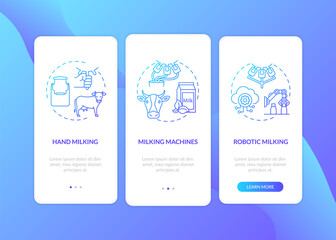 Cow milking blue gradient onboarding mobile app page screen with concepts. Automated machine. Dairy industry walkthrough 3 steps graphic instructions. UI vector template with RGB color illustrations