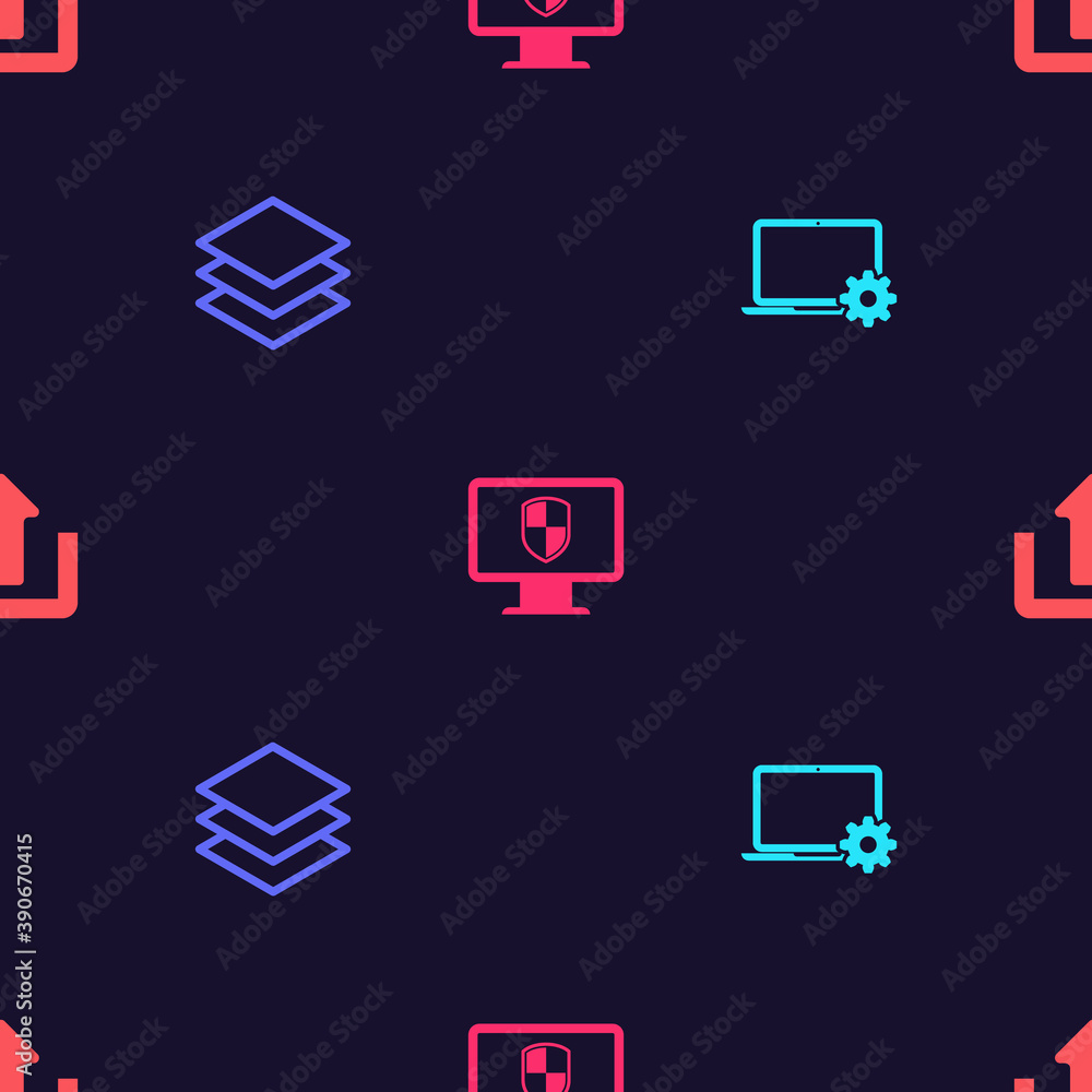 Poster set laptop and gear, layers, monitor shield and upload on seamless pattern. vector.