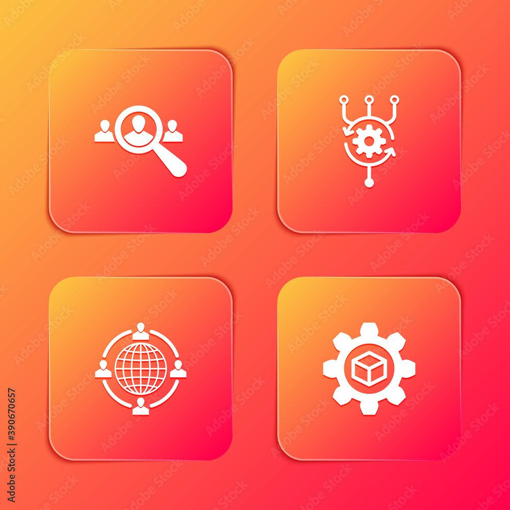 Poster set magnifying glass for search people, algorithm, outsourcing concept and product development icon.