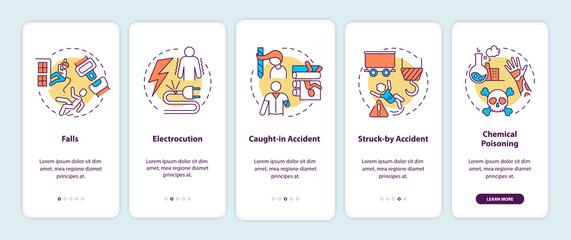 Work related injuries onboarding mobile app page screen with concepts. Falls from high places walkthrough 5 steps graphic instructions. UI vector template with RGB color illustrations