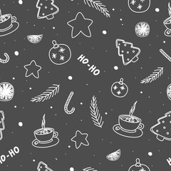 Seamless vector drawing for Christmas on a gray background with white Christmas elements. Holiday pattern for gift wrapping paper, t-shirts, greeting cards, web banners, etc.