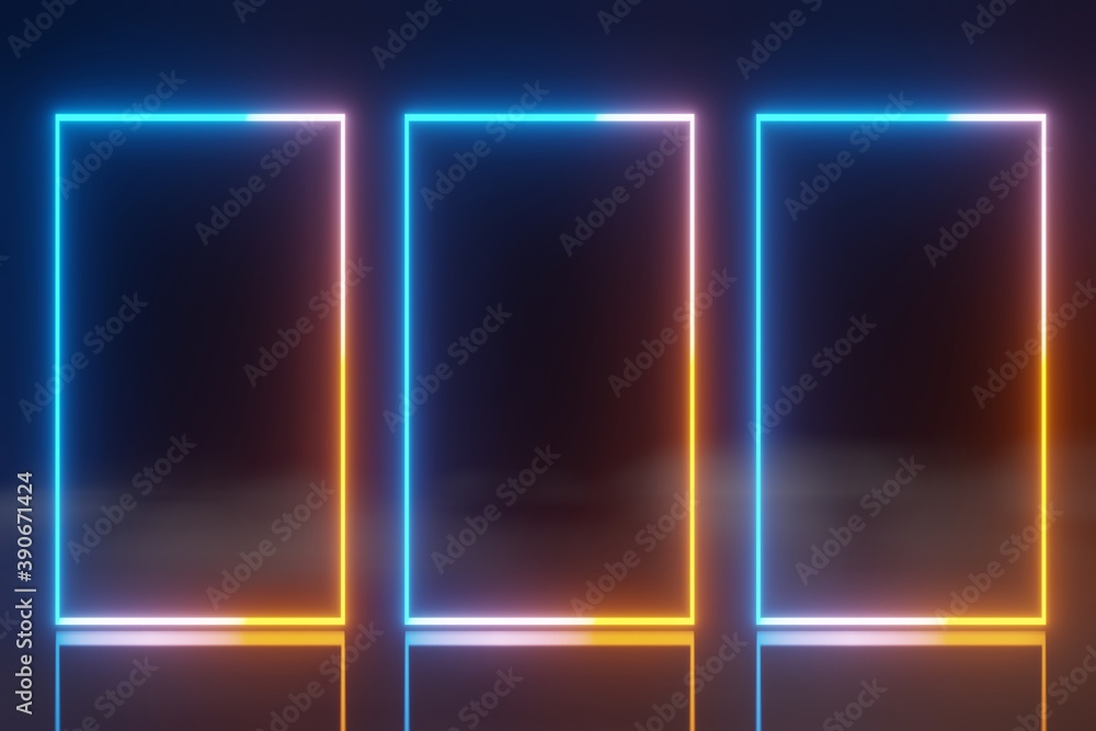 Poster abstract technology led screens blue orange glowing neon line animation fog background 3d rendering