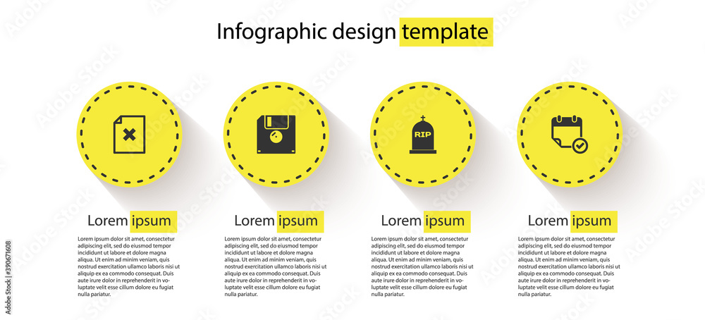 Poster set delete file document, floppy disk, tombstone with rip written and calendar check mark. business 