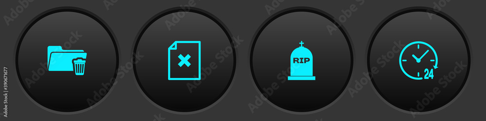 Poster set delete folder, file document, tombstone with rip written and clock 24 hours icon. vector.