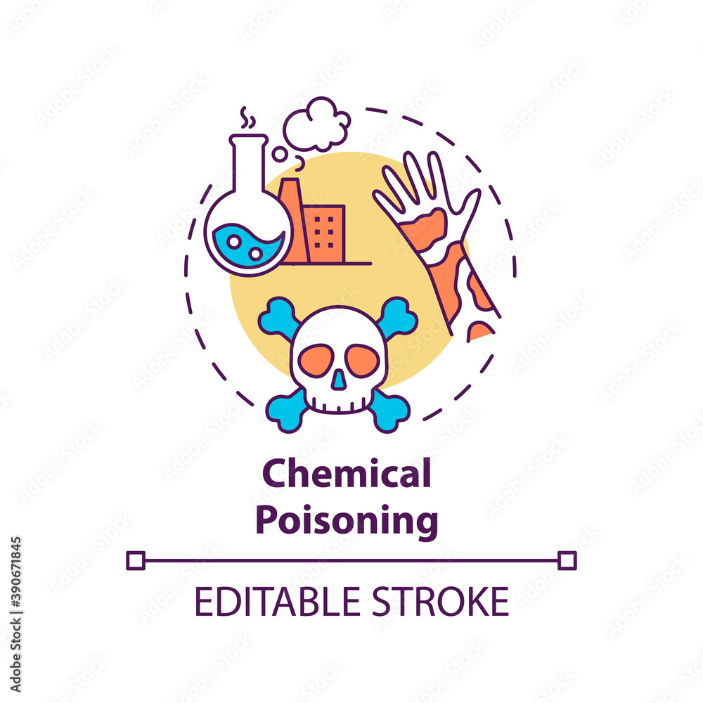 Poster chemical poisoning concept icon. work related injuries. dangerous liquids on working place. differen