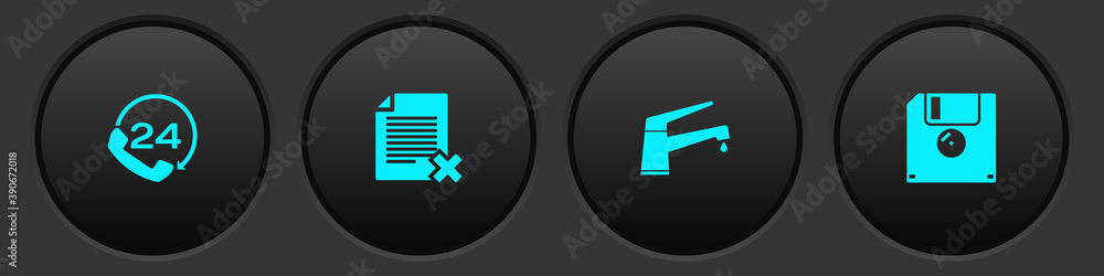 Poster set telephone 24 hours support, delete file document, water tap and floppy disk icon. vector.
