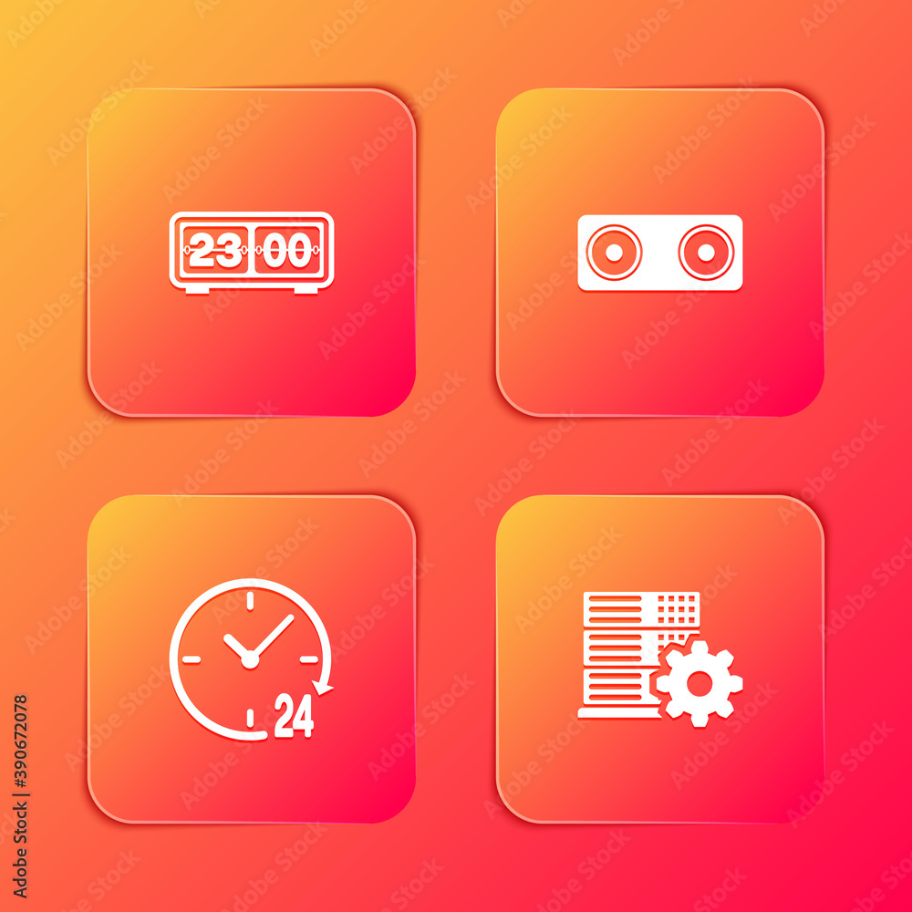Poster set retro flip clock, stereo speaker, clock 24 hours and server setting icon. vector.