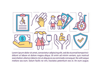 Disability benefits for children concept icon with text. Social security disability insurance. PPT page vector template. Brochure, magazine, booklet design element with linear illustrations