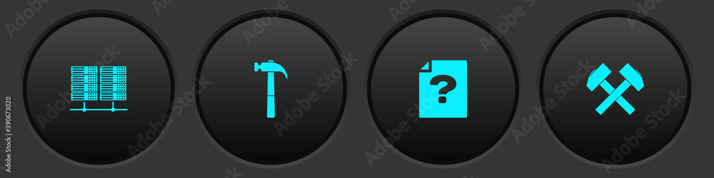 Aufkleber set server, data, web hosting, hammer, unknown document and two crossed hammers icon. vector.