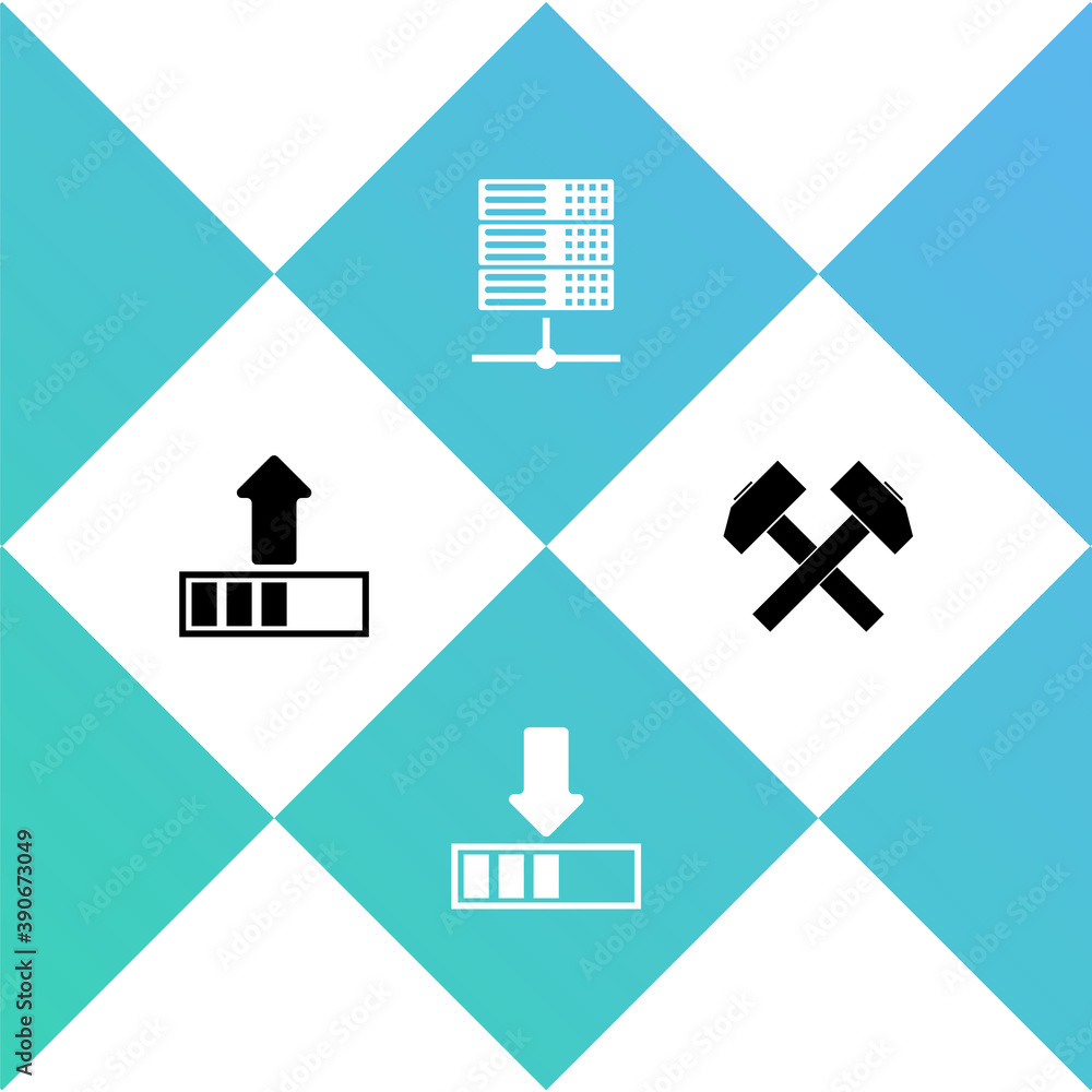 Poster set loading, , server, data, web hosting and two crossed hammers icon. vector illustration