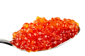 Red caviar in a spoon isolated on white background.