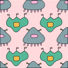 Seamless pattern with doodle monsters vector illustration. Perfect for kids bedroom, nursery decoration, posters, wrapping paper and wall decorations.
