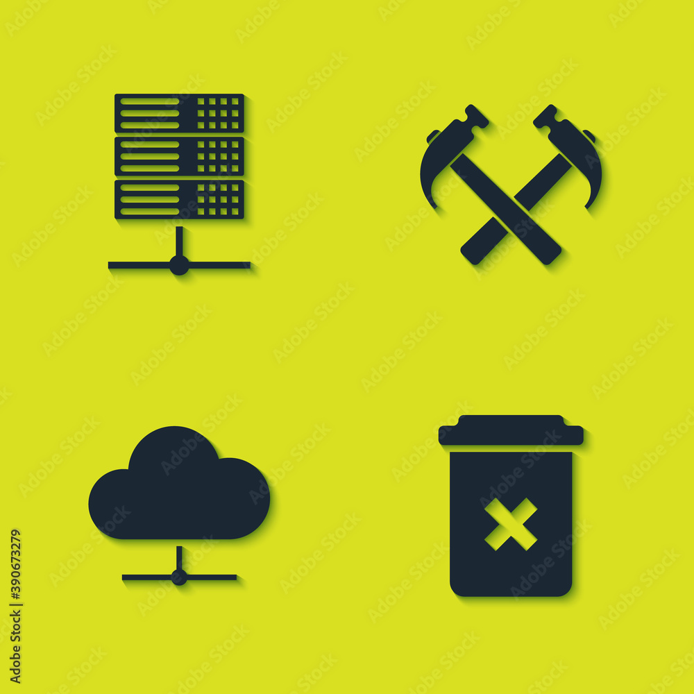 Poster set server, data, web hosting, trash can, network cloud connection and two crossed hammers icon. vec