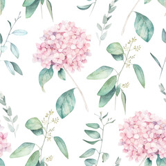 Watercolor seamless pattern. Vintage print with hortensia flowers and eucalyptus branches. Hand drawn illustration