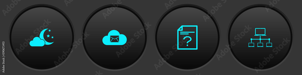 Aufkleber set cloud with moon and stars, mail server, unknown document and computer network icon. vector.