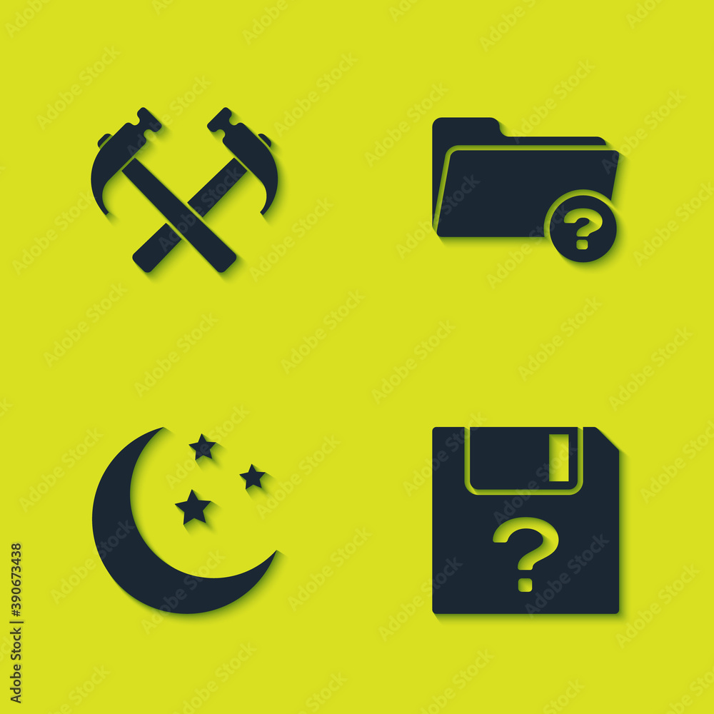 Poster set two crossed hammers, unknown document, moon and stars and directory icon. vector.