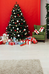 Christmas interior Christmas tree holiday red decor presents new year