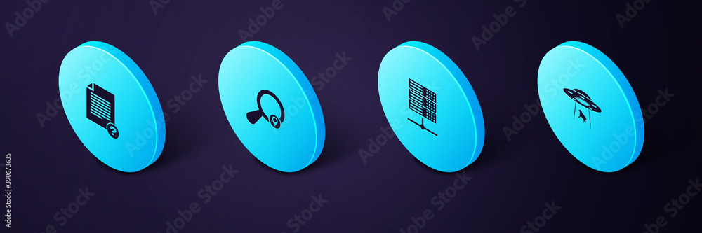 Poster set isometric ufo abducts cow, server, data, web hosting, search location and unknown document icon.