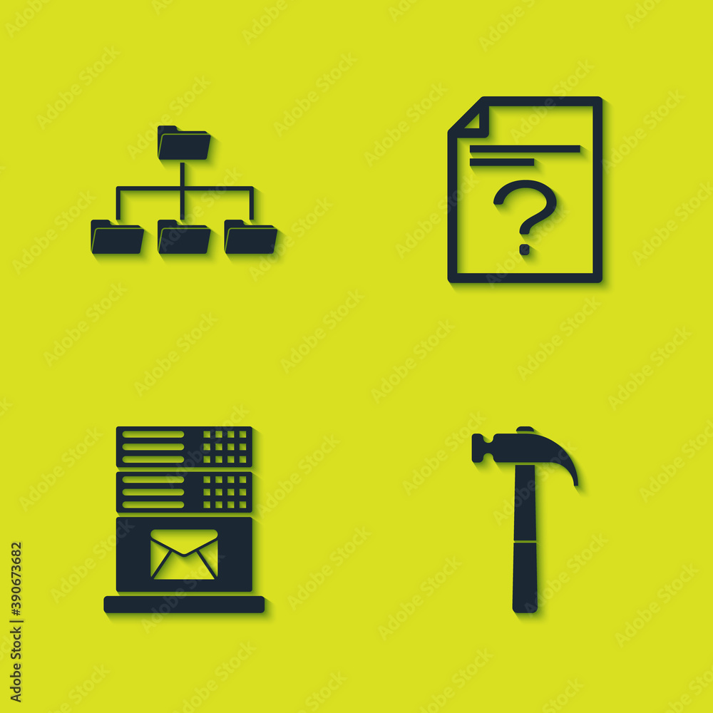 Poster set folder tree, hammer, mail server and unknown document icon. vector.