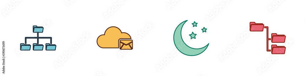 Poster set folder tree, cloud mail server, moon and stars and icon. vector.