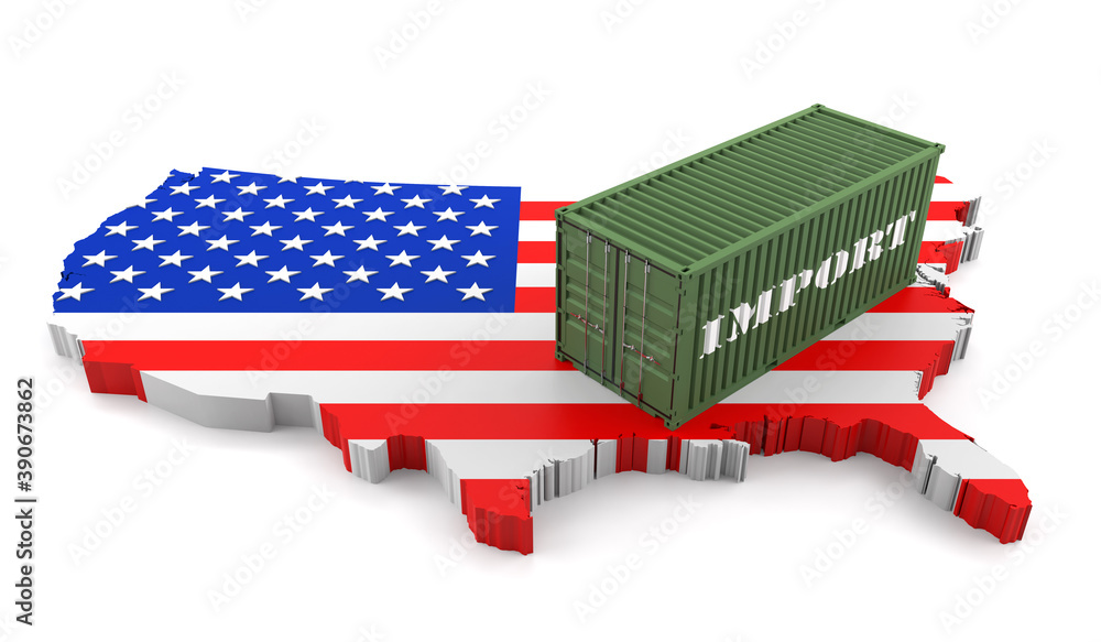 Poster 3d map of usa. freight shipping in containers. import from the country in containers. 3d rendering