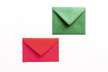 Set of christmas envelopes on white. Banner design, top view, flat lay, copy space.