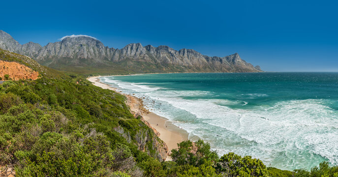 Panorama of Kogel Bay Beach from Dappat Se Gat Viewpoint along the R44 Scenic Route, False Bay, South Africa