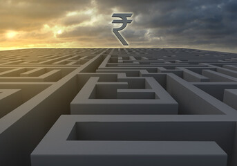 Maze at dusk with Indian Rupee symbol on a gloomy dusk as 3d rendering. A maze at dusk with Indian Rupee symbol and a gloomy sky indicating turbulent and uncertain financial times ahead as 3d renderin