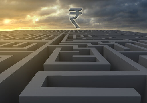 Maze at dusk with Indian Rupee symbol on a gloomy dusk as 3d rendering. A maze at dusk with Indian Rupee symbol and a gloomy sky indicating turbulent and uncertain financial times ahead as 3d renderin