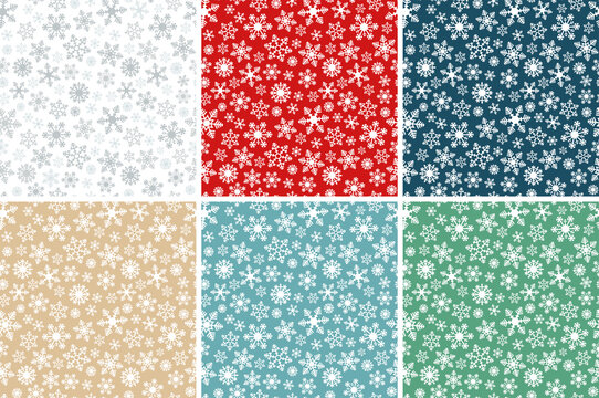Christmas Winter Snowflake Flat Colors Seamless Pattern Set
