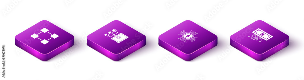 Poster set isometric blockchain technology, proof of stake, processor chip with dollar and cryptocurrency b