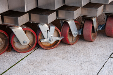 close-up wheels of metal steel barriers