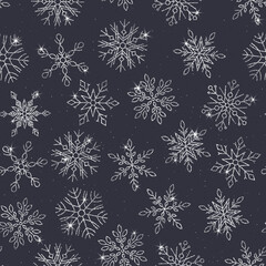 Gray christmas pattern with silver glittering snowflakes